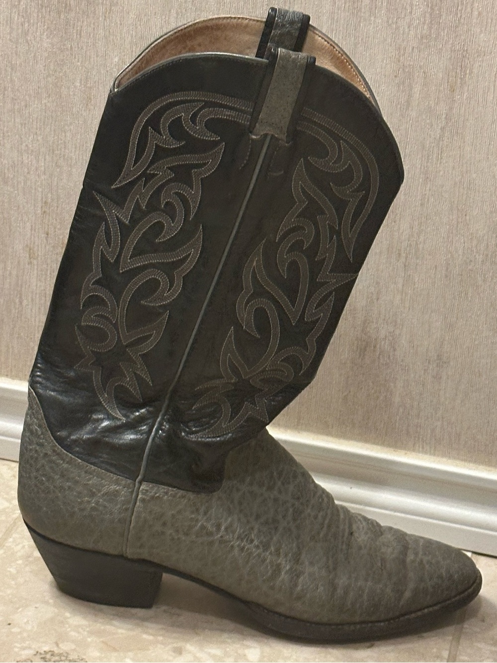 Larry Mahan Gray Elephant Foot with Black Leather Embroidered Shaft Cowboy Boots - Picture 6 of 16